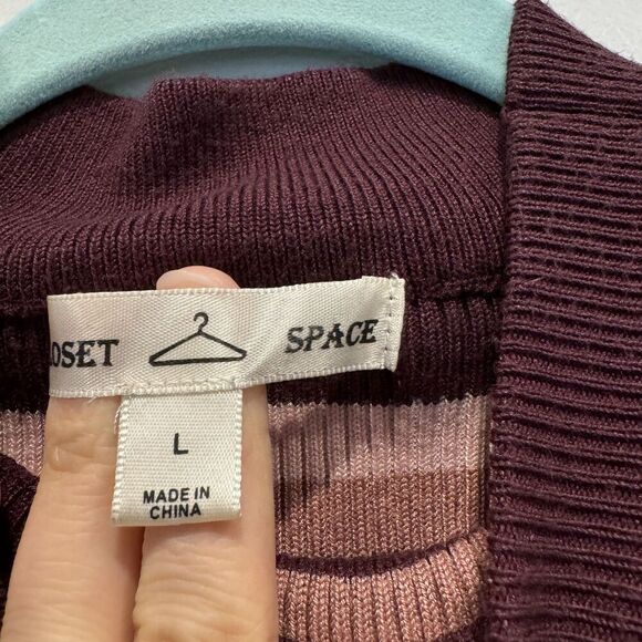 Sweater Tight Knit Mockneck Pullover Burgundy Stripe Stretch Retro Women Large - Picture 4 of 8